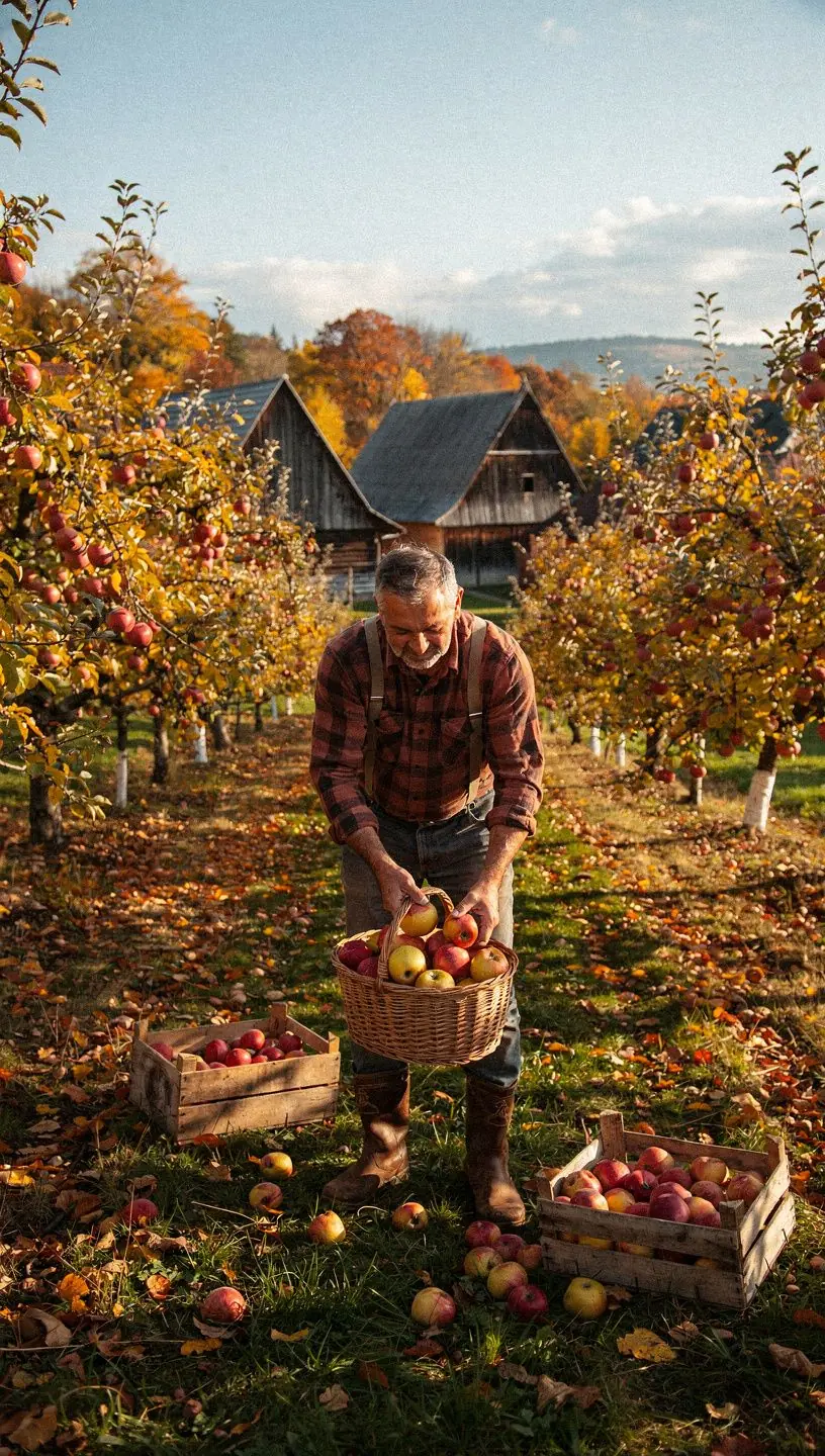 A winding country road lined with trees leading to a quaint village with charming wooden cottages.